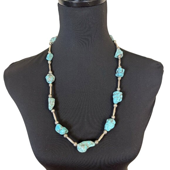 Vtg Womens Silver Beaded Necklace Turquoise Howlite Chunky 26 Inch Long Western - Picture 1 of 9